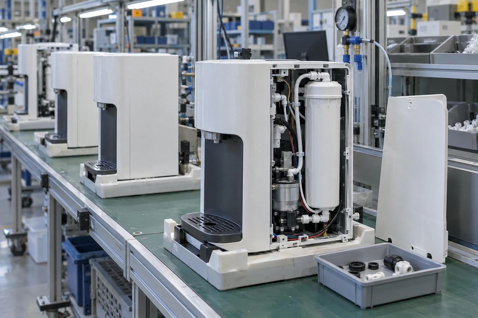 Illustrative water purifier assembly line with molded housings, seals and tubing connections