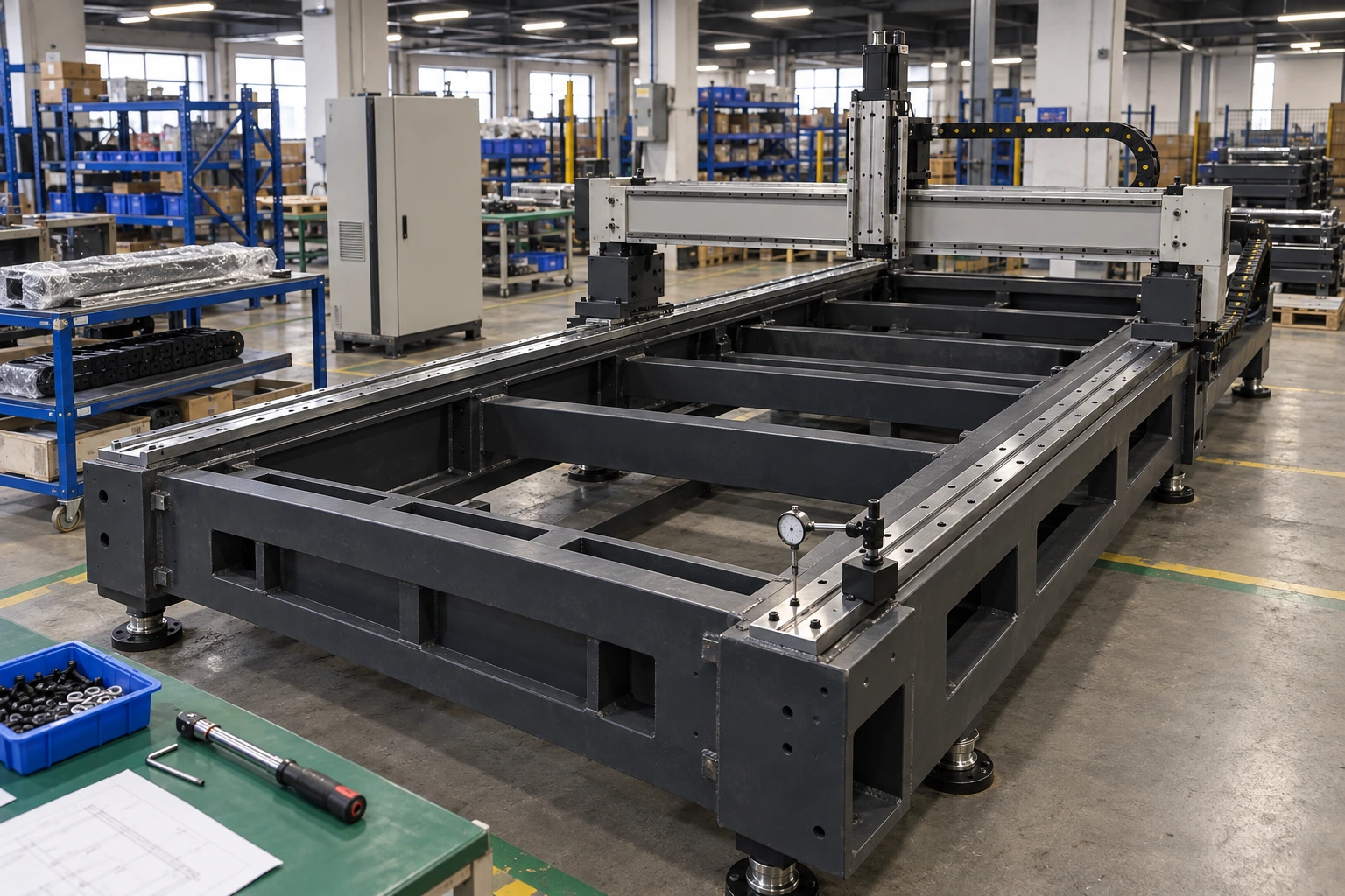 Illustrative laser cutting machine bed during guide rail and gantry assembly