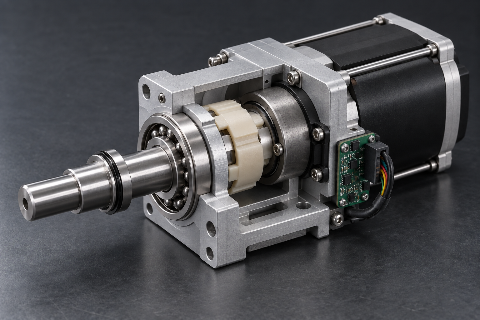 Illustration of an actuator assembly with a machined shaft, bearing, polymer coupling, motor and electronic module