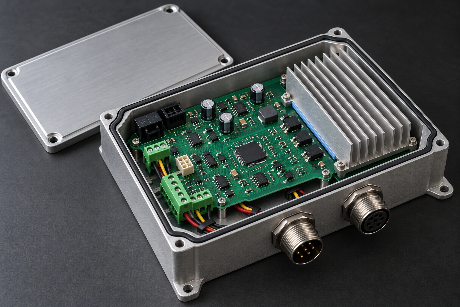 Illustration of an opened industrial controller with a circuit board, thermal interface, heat sink, housing and gasket