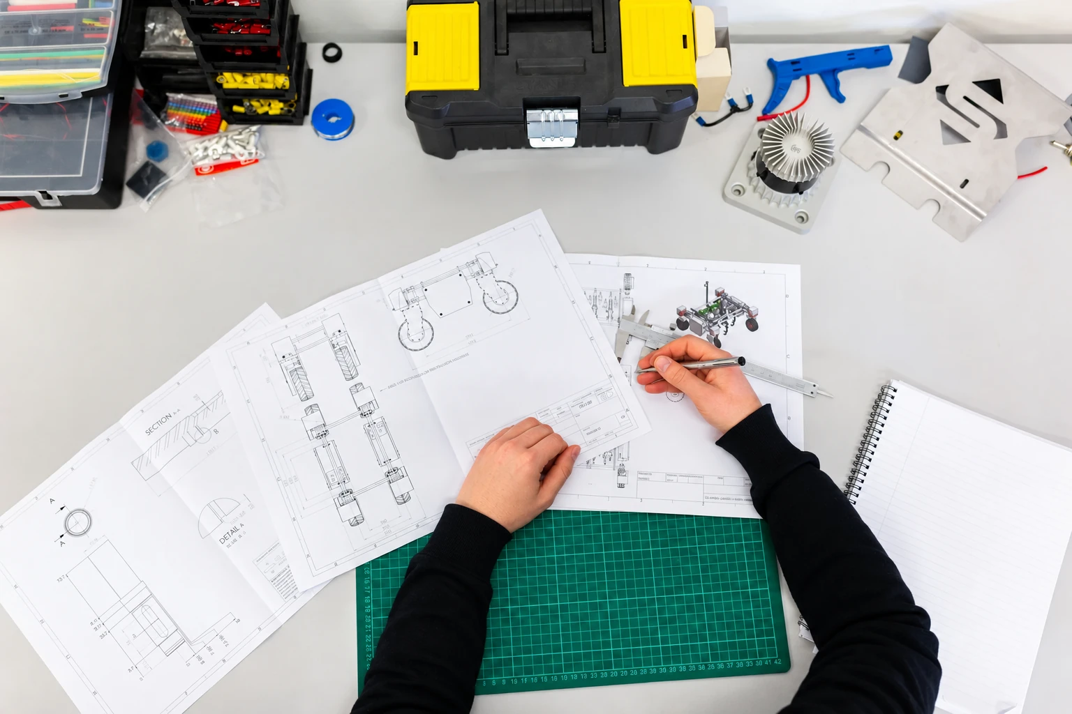 Illustrative photograph of engineering drawings, a caliper and equipment components on a review desk